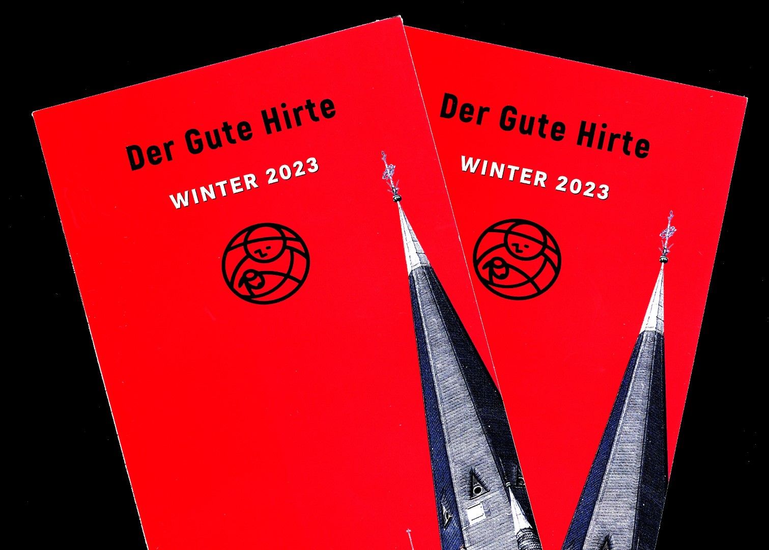 Zwei rote Broschüren mit dem Titel „Der Gute Hirte WINTER 2013“ und Kirchtürmen.